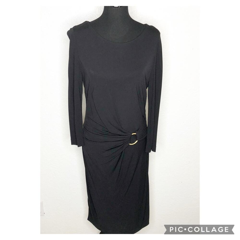 Escada black gold buckle draped front midi dress size 42 or US 12